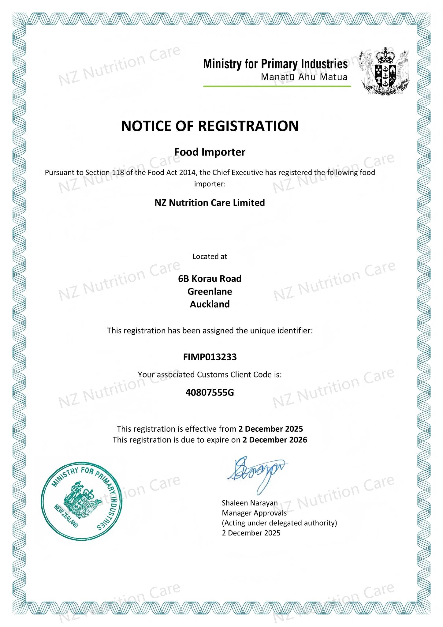 Food Importer 新西兰食品进口商注册证书——NZNC