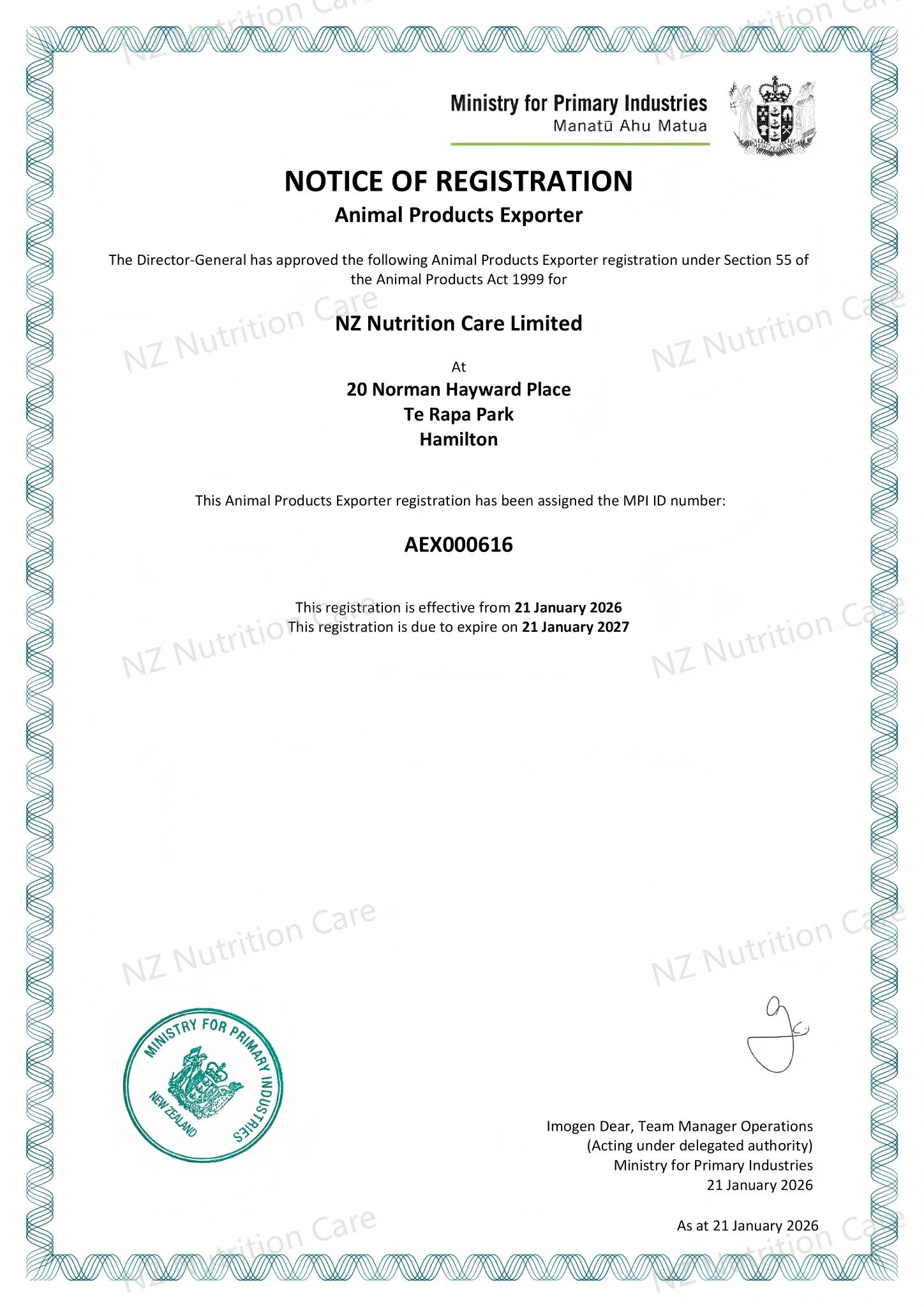 Animal Products Exporter 新西兰动物产品出口商注册证书—— NZNC